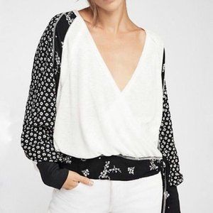 Free People Auxton Thermal Waffle Black White Floral Print Oversized Top XS